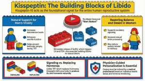 Kisspeptin infographic showing GnRH, LH, and FSH signaling that supports testosterone production, libido, and sexual health in men and women