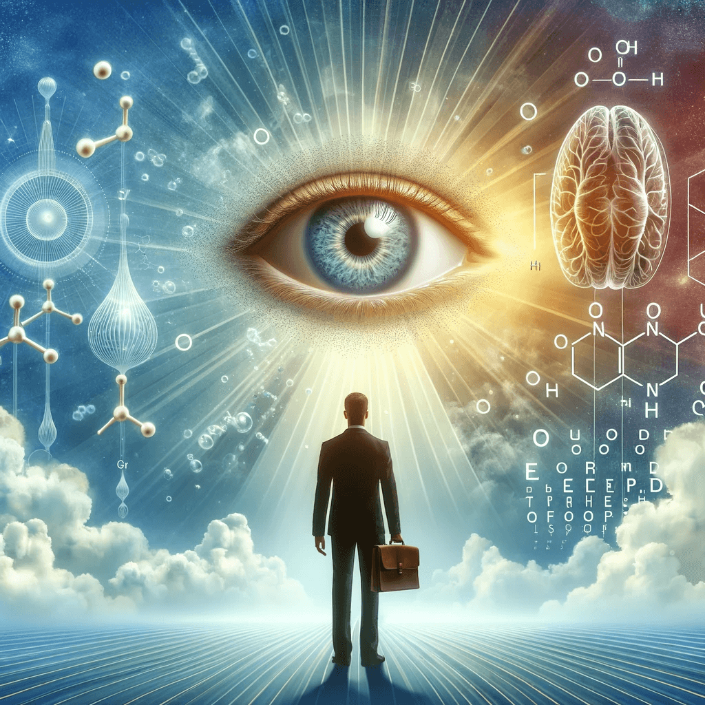 DALL·E A conceptual art of a person looking into the distance with a clear vision amidst a symbolic representation of ozone molecules and an eye diagram in t