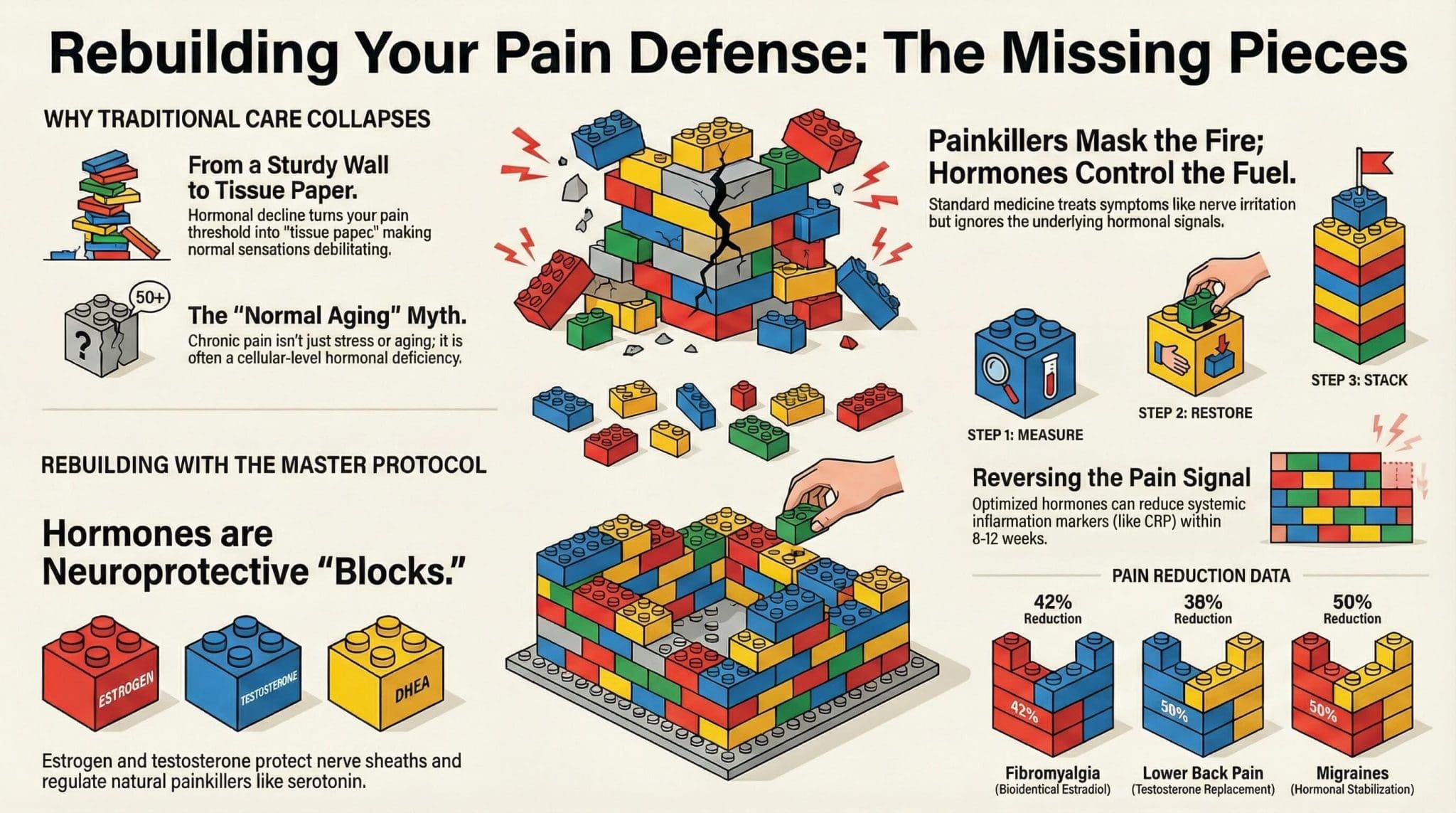 Hormone therapy pain relief infographic showing how estrogen, testosterone, and DHEA act as neuroprotective building blocks to reduce chronic pain including 42% fibromyalgia reduction, 38% lower back pain reduction, and 50% migraine reduction through bioidentical hormone replacement therapy
