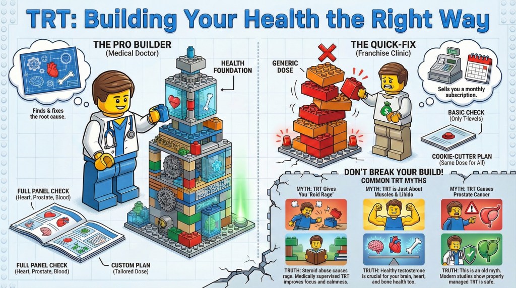 Medical TRT vs Franchise Clinic Infographic: Comparing Dr. Kumar's Health Foundation approach with dangerous cookie-cutter testosterone plans.