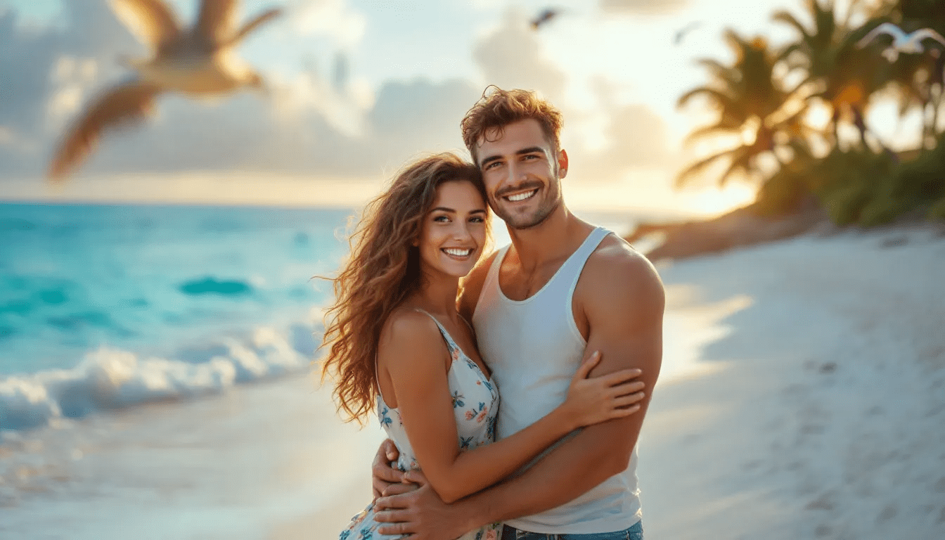 A joyful couple stands on a sandy beach, smiling at each other as the sun sets behind them, casting a warm glow. The scene captures their happiness and connection, evoking a sense of peace and tranquility.