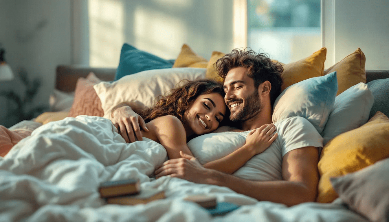 A happy couple is lying in bed, smiling and enjoying each other's company, symbolizing intimacy and connection. Their relaxed demeanor suggests a positive impact on their overall health and well-being, which could be influenced by healthy testosterone levels and lifestyle choices.