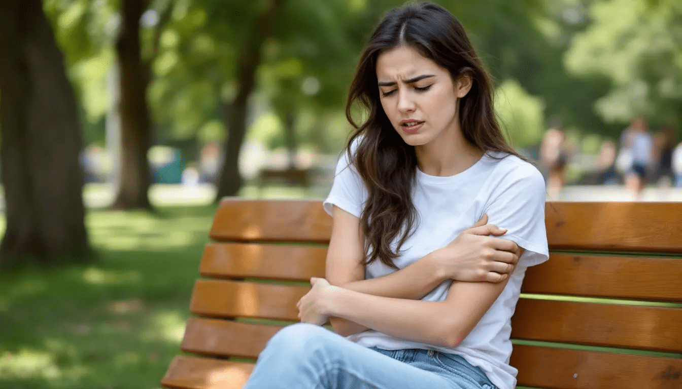 A young woman is holding her shoulder in discomfort, indicating possible shoulder pain. She appears to be experiencing persistent shoulder pain, which may be related to shoulder injuries or conditions like a rotator cuff tear, prompting the need for medical attention or a visit to an orthopedic doctor.