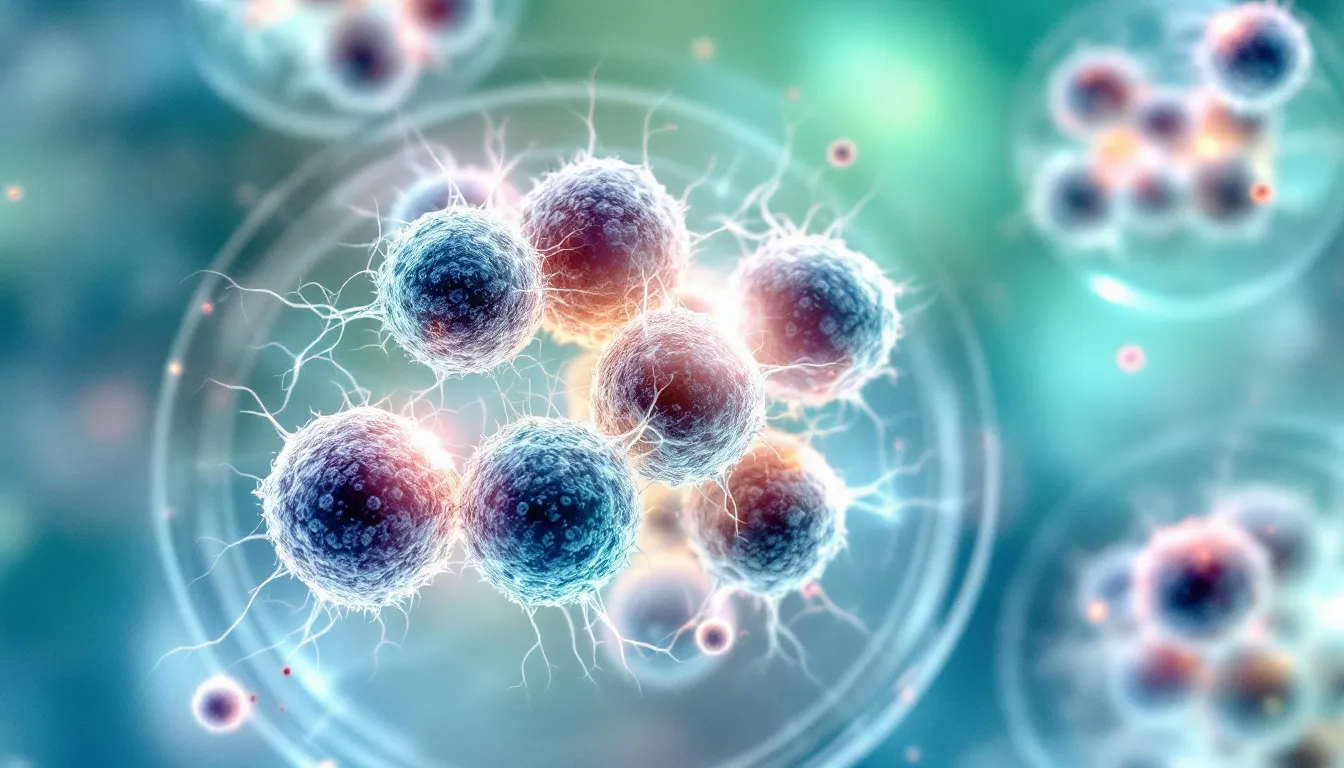 The image depicts a scientific illustration of stem cells being used for rejuvenation, showcasing various types such as mesenchymal stem cells and embryonic stem cells, which are essential in stem cell therapy for promoting hair growth. It highlights the process of hair regeneration, including the stimulation of existing hair follicles and the potential for restoring hair density through innovative treatments.