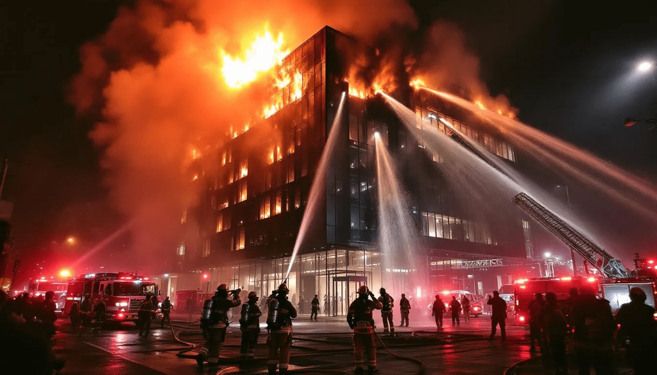 Firefighters are actively extinguishing a blaze on a multi-story building, with thick smoke billowing into the sky. The scene captures the urgency of their efforts to protect the structure and surrounding areas from the fire's destructive force.
