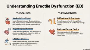 Infographic illustrating Understanding Erectile Dysfunction (ED), categorizing causes into medical, psychological, and lifestyle factors, and defining symptoms like erection difficulty and reduced libido.