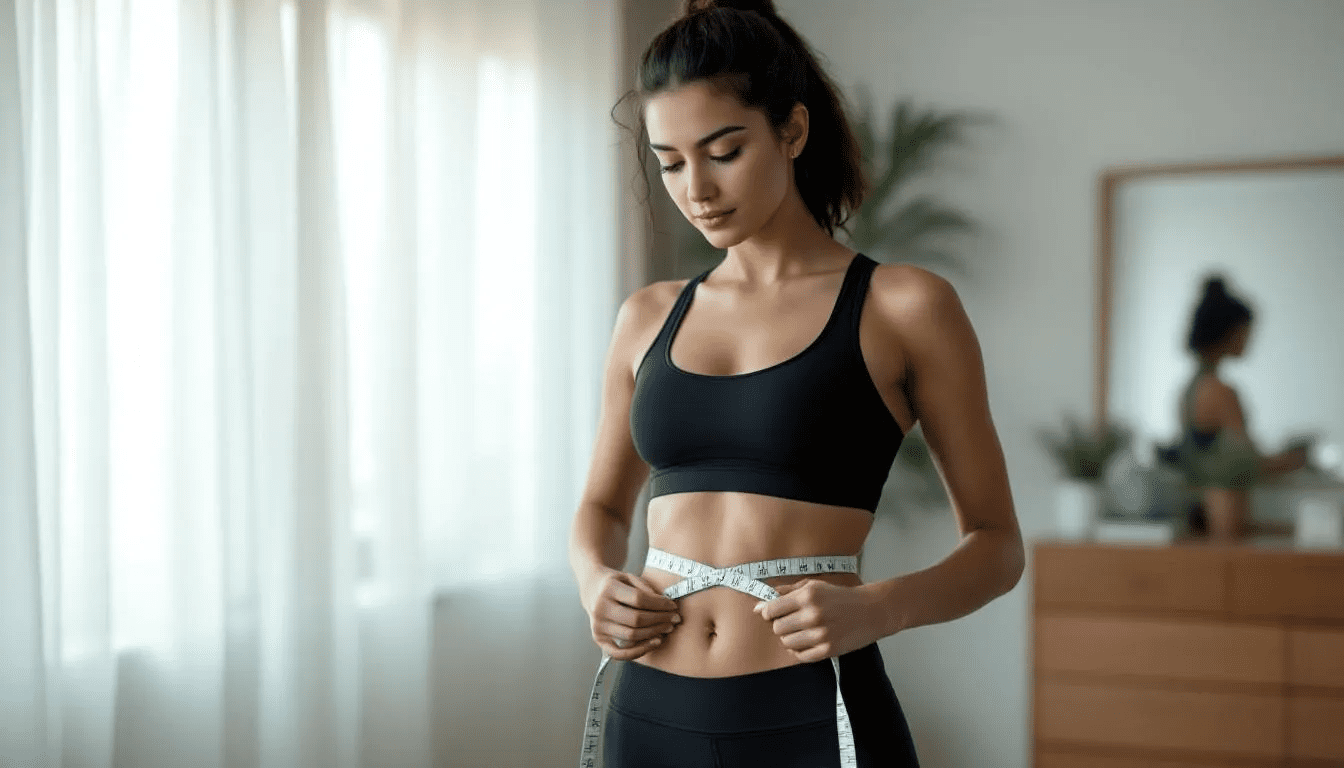 A pretty woman is standing in front of a mirror, measuring her waistline with a tape measure, reflecting her commitment to her weight loss journey and improving her body composition. She appears focused and determined, embodying the pursuit of enhanced muscle growth and fat loss.