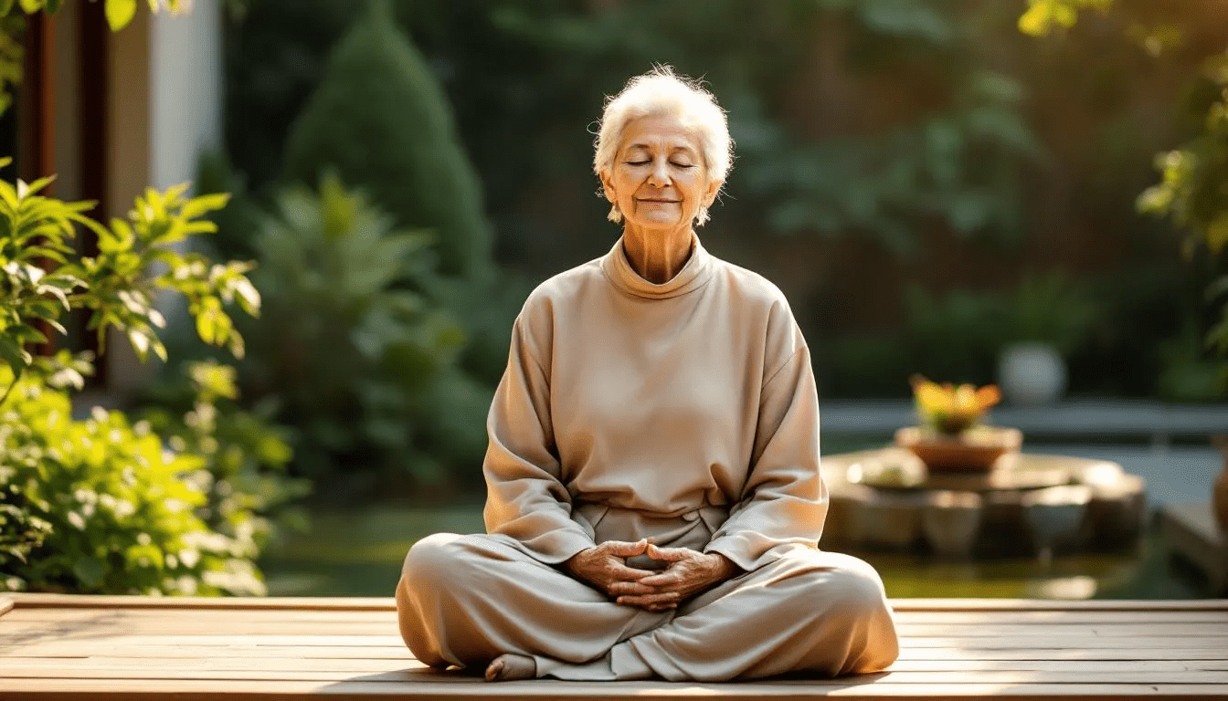 An older woman sits cross-legged on a mat, eyes closed in deep meditation, surrounded by soft natural light. She embodies tranquility and mindfulness, creating a serene atmosphere that promotes inner peace and well-being.