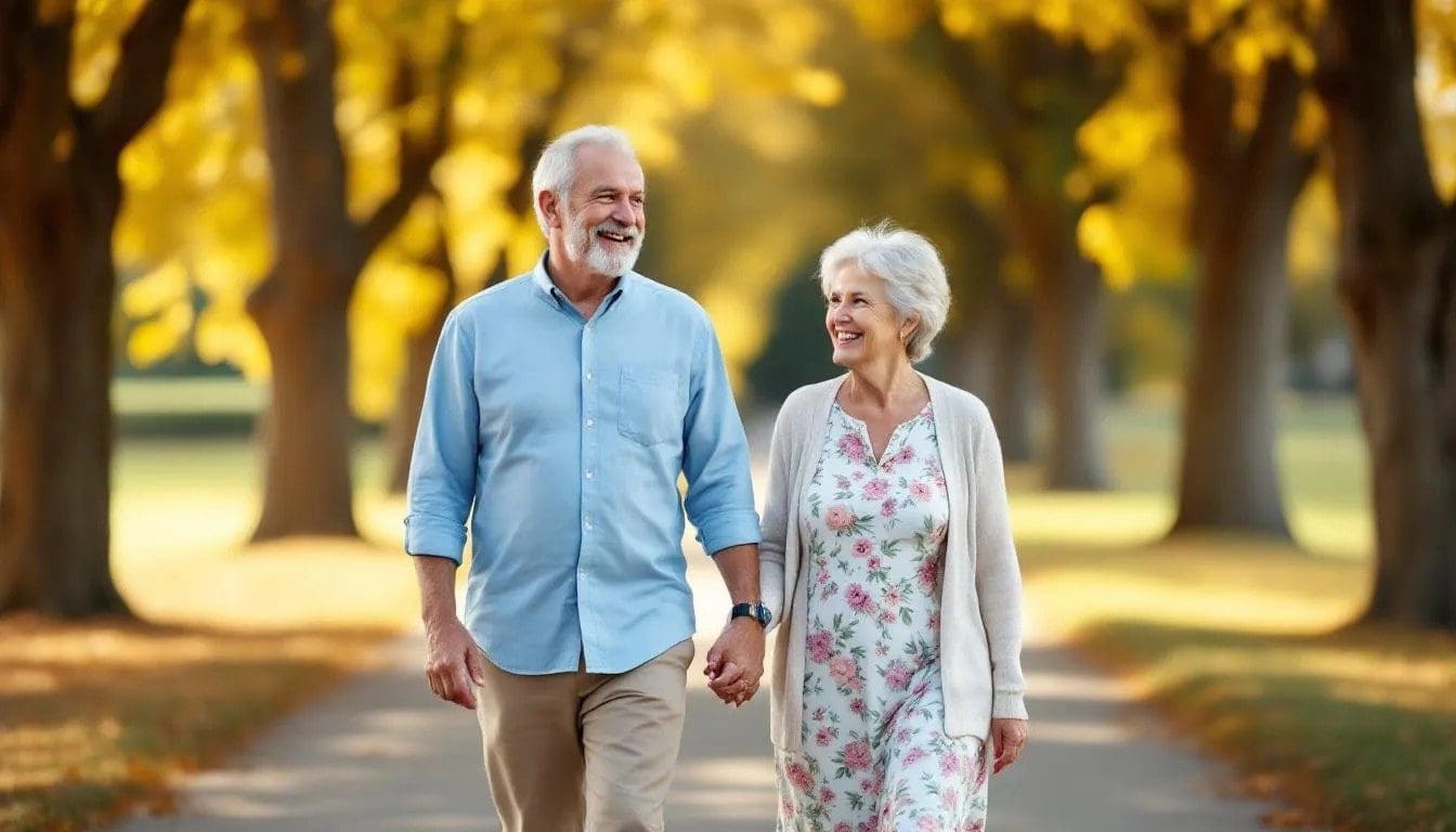 An older couple, appearing healthy and active, smiles at each other while enjoying a sunny day outdoors, embodying vitality and companionship. Their joyful expressions reflect a strong bond, reminiscent of the dynamic balance of hormones like kisspeptin and luteinizing hormone that play a role in overall well-being.