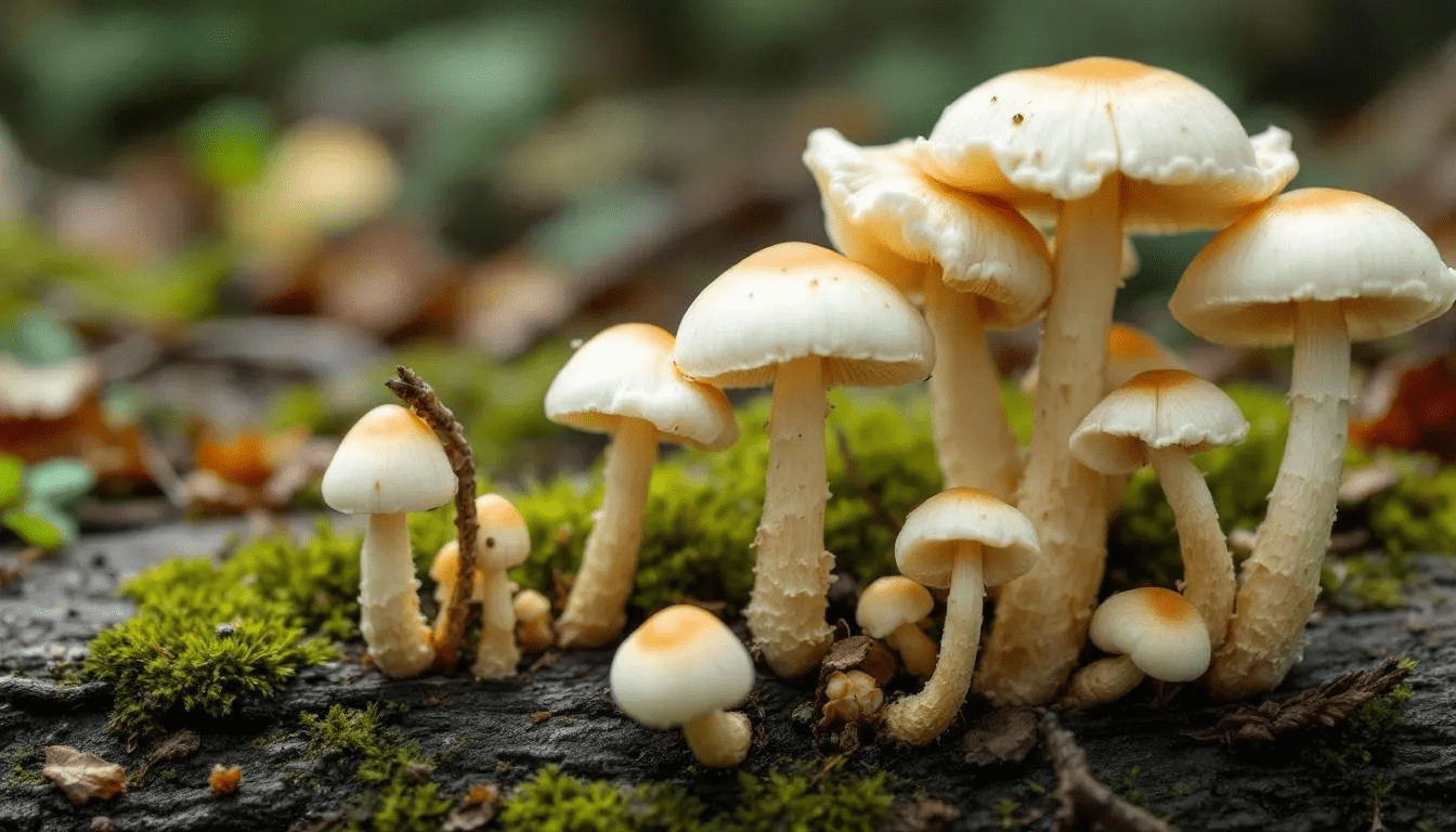 In the image, a variety of medicinal mushrooms, including lion's mane, reishi, and turkey tail, are displayed alongside bottles of mushroom tinctures. These tinctures, made from organic fungi, are known for their beneficial compounds that support the immune system and enhance cognitive function.