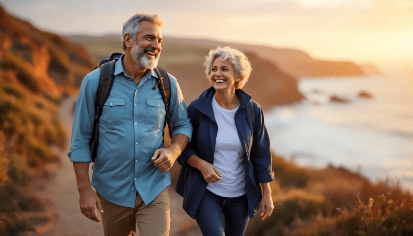 An active older couple is engaging in outdoor exercise, showcasing their vitality and commitment to health. Their lifestyle reflects the numerous health benefits of maintaining an active routine, which can support digestive health and overall well-being.