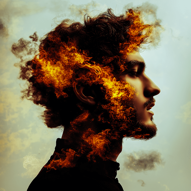 man, male, masculine, beard, headache, inflammation, fire, hot, heat, burn, burning, flame, flames, mind, psychology, dream, imagination, hallucination, ptsd, anger, repression, pyromaniac, arson, firefighting, combustion, ai generated