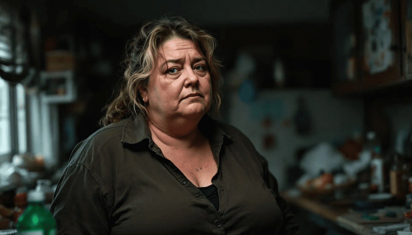 An obese woman appears unhappy, reflecting the struggles associated with health problems such as nonalcoholic fatty liver disease and metabolic syndrome. Her expression conveys the emotional toll of dealing with issues like high blood pressure and the challenges of maintaining a healthy diet.
