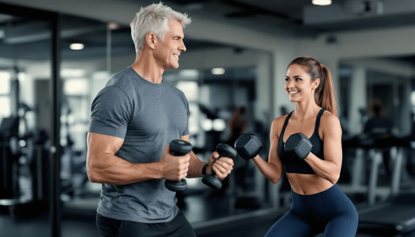 A middle-aged couple is engaged in a workout at a gym, showcasing their commitment to health and fitness. They appear energized and focused, reflecting an improved energy management strategy through their active lifestyle.