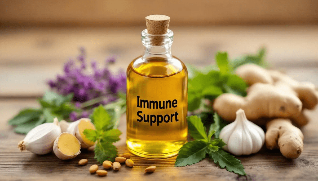 An image depicting various supplements for immune support, including a bottle of liposomal glutathione, highlighting its role as a master antioxidant in promoting healthy immune system function. The scene emphasizes the importance of glutathione levels and the positive effects of combining it with vitamins C and E for enhanced immune health.