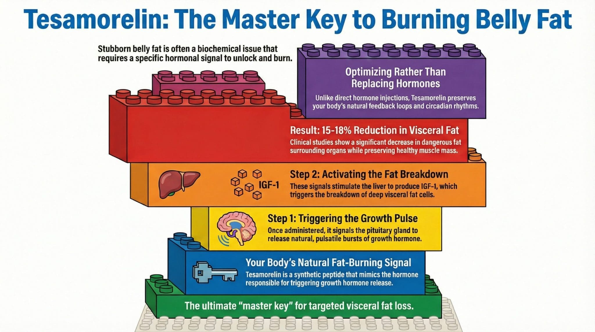 Tesamorelin mechanism infographic showing peptide therapy pathway from pituitary stimulation to visceral belly fat reduction Palm Beach