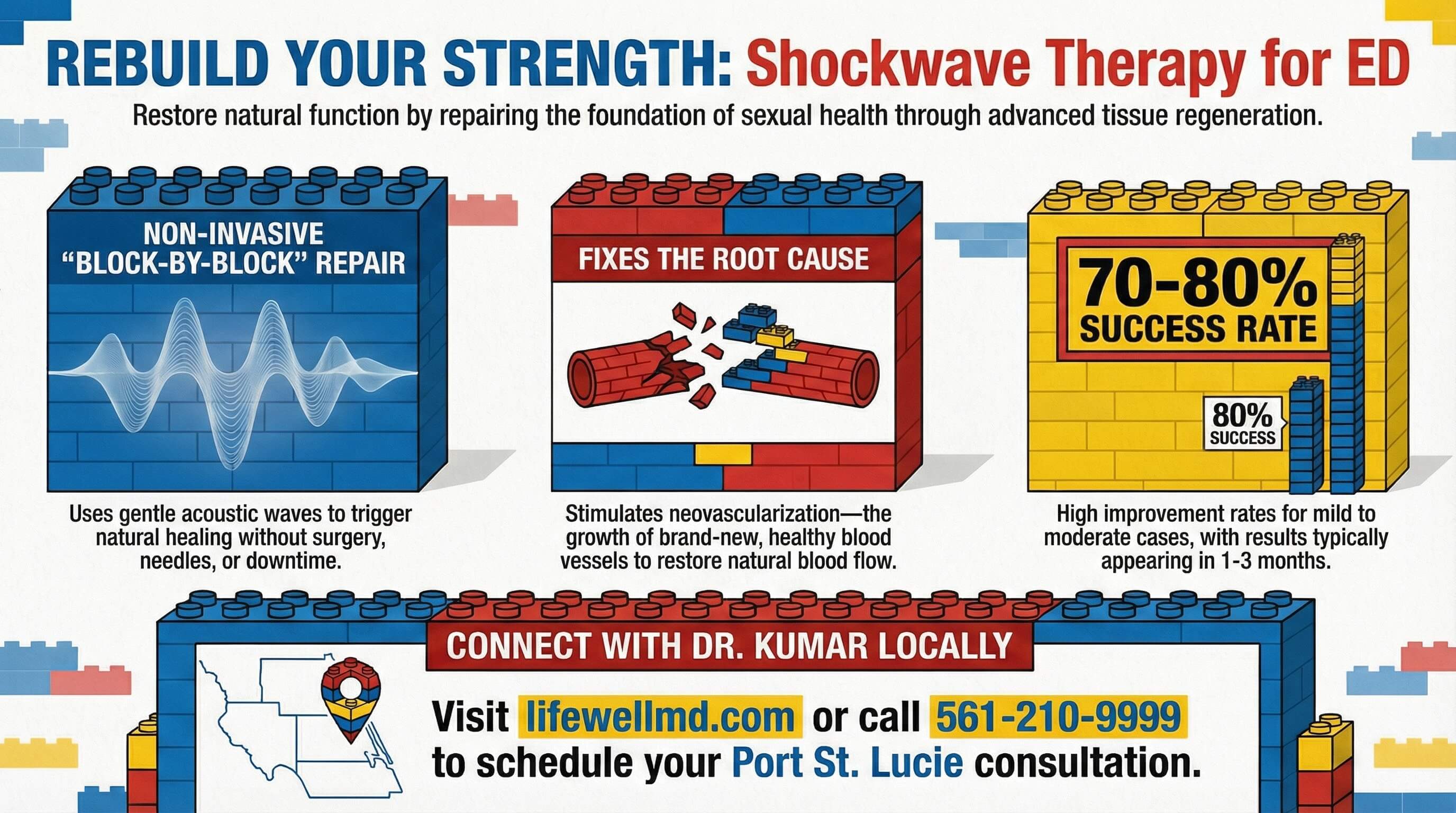 create a simple infographic with the legos theme urging men with erectile dysfunction who are living in port st. lucie to connect with dr. kumar at lifewellmd.com 561-210-9999