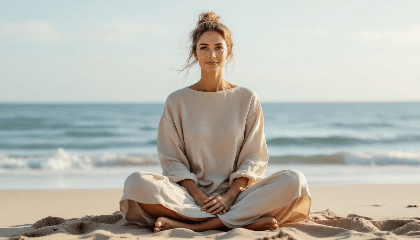 A middle-aged woman sits cross-legged on a serene beach, meditating peacefully as the waves gently lap at the shore. This tranquil scene reflects her journey towards achieving hormonal balance and managing menopausal symptoms, promoting overall well-being and mental clarity amidst the stresses of daily life.