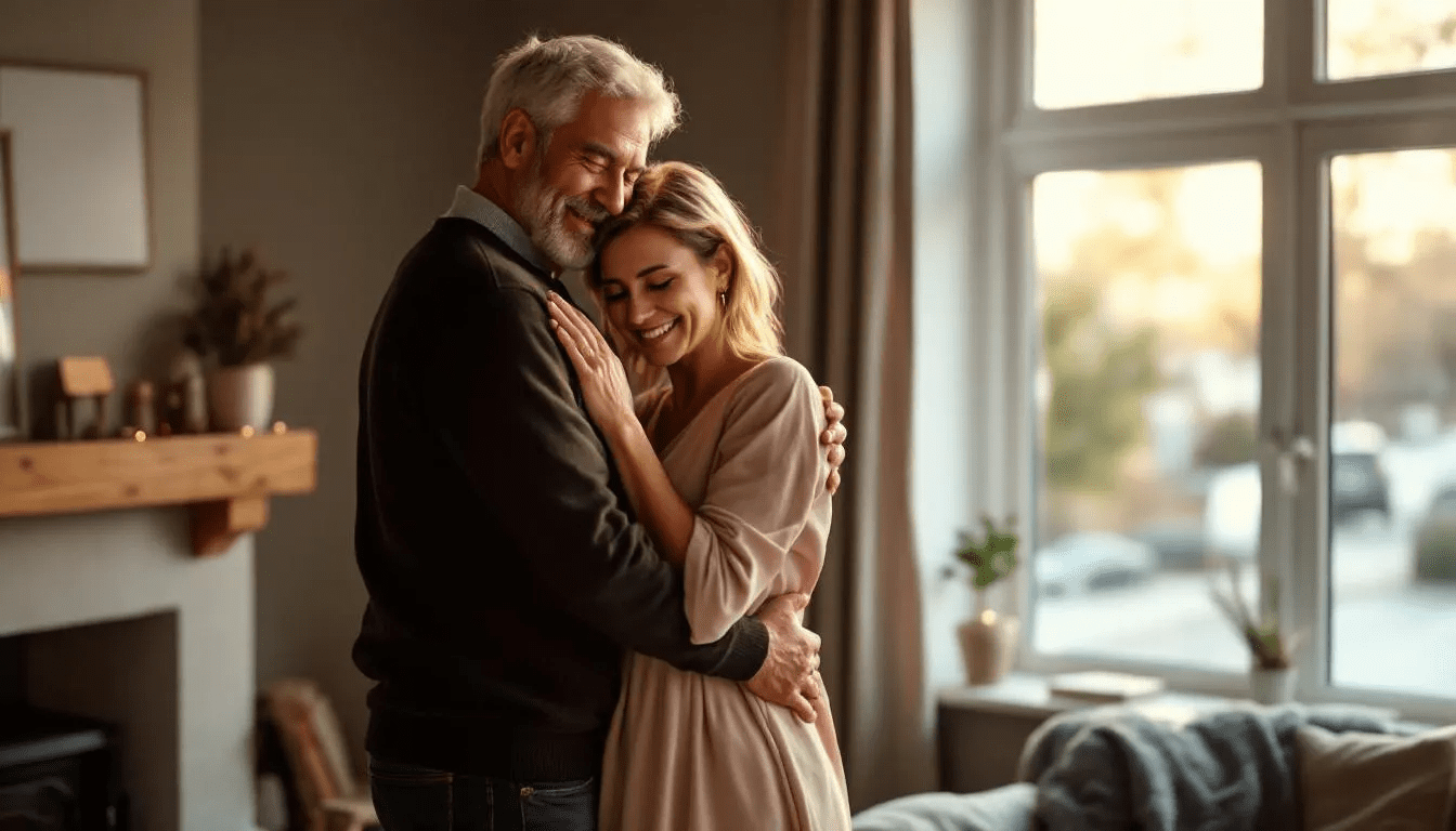 A middle-aged couple embraces each other with affection, radiating love and connection. Their expressions reflect a deep bond that enhances their sexual desire and overall sexual health, embodying the joy of intimacy and shared moments.