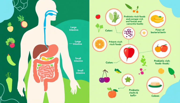Gut health infographic showing digestive system and foods that support gut function