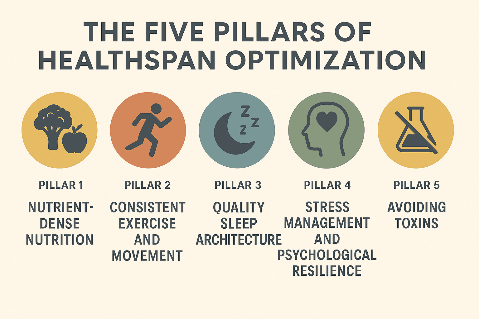 Minimalist infographic with five icons labeled: Nutrition, Exercise, Sleep, Stress Management, and Avoid Toxins; header reads “The Five Pillars of Healthspan Optimization.”