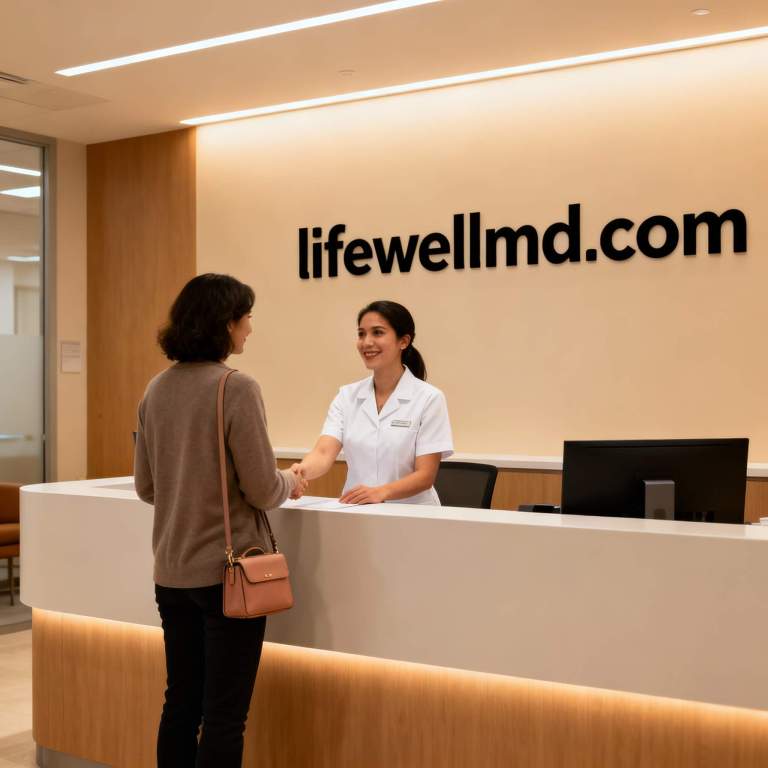 Functional medicine clinic staff welcoming patient, with LifeWellMD.com in bold letters on the wall behind the front desk