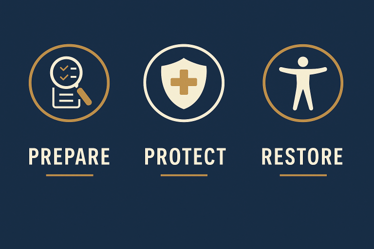 Three circular icons—magnifier over checklist, shield with cross, and human figure—labeled “Prepare, Protect, Restore” on a navy background.