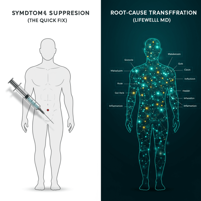 Sophisticated medical diagram contrasting two approaches to men's health: Symptom Suppression (single injection) versus Root-Cause Transformation (interconnected network of body systems, including Metabolism and Gut Axis).