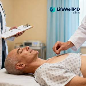 Medical Acupuncture for Cancer Patients at LifeWellMD Cancer patient receiving medical acupuncture at LifeWellMD from a skilled practitioner