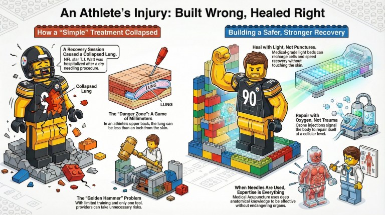 Infographic comparing dry needling risks to safe alternatives. Left side shows LEGO figure of T.J. Watt with a collapsed lung caused by a needle entering the 10-20mm danger zone. Right side shows safe recovery at LifeWellMD using NovoThor light bed, Ozone therapy, and physician-led Medical Acupuncture.