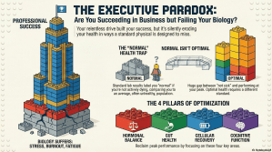 The Executive Paradox: You’re Winning at Business but Failing Your Biology Infographic titled “The Executive Paradox” showing a Lego-style skyscraper of professional success on a cracked foundation with sections on the dangers of “normal” lab results and the four pillars of health optimization: hormonal balance, gut health, cellular recovery, and cognitive function.