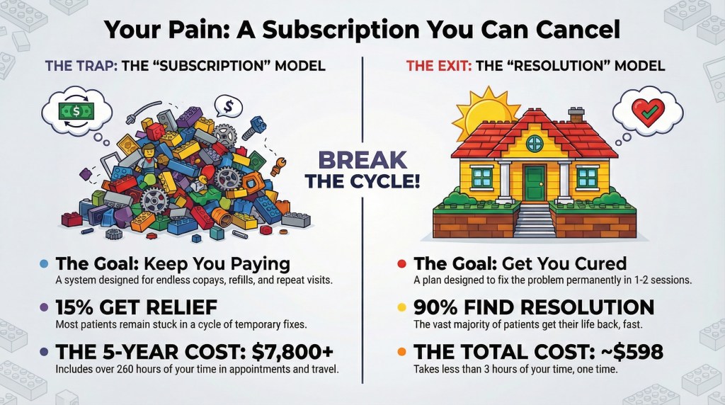 Your Pain: A Subscription You Can Cancel' contrasting two healthcare models. On the left, under 'THE TRAP: THE "SUBSCRIPTION" MODEL,' a messy pile of LEGO bricks with dollar signs and gears is shown. Text reads: 'The Goal: Keep You Paying. A system designed for endless copays, refills, and repeat visits.; 15% GET RELIEF. Most patients remain stuck in a cycle of temporary fixes.'; 'THE 5-YEAR COST: $7,800+. Includes over 260 hours of your time in appointments and travel.' In the center, a line divides the two sides with the text 'BREAK THE CYCLE!'. On the right, under 'THE EXIT: THE "RESOLUTION" MODEL,' a completed LEGO house with a sun and a heart icon is shown. Text reads: 'The Goal: Get You Cured. A plan designed to fix the problem permanently in 1-2 sessions.'; '90% FIND RESOLUTION. The vast majority of patients get their life back, fast.'; 'THE TOTAL COST: ~$598. Takes less than 3 hours of your time, one time.' The background is a light grey with subtle LEGO brick patterns.