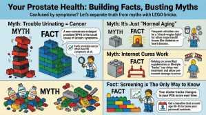Infographic comparing prostate health myths versus facts using LEGO brick illustrations—covers BPH vs cancer symptoms, aging myths, internet cures, and PSA screening importance