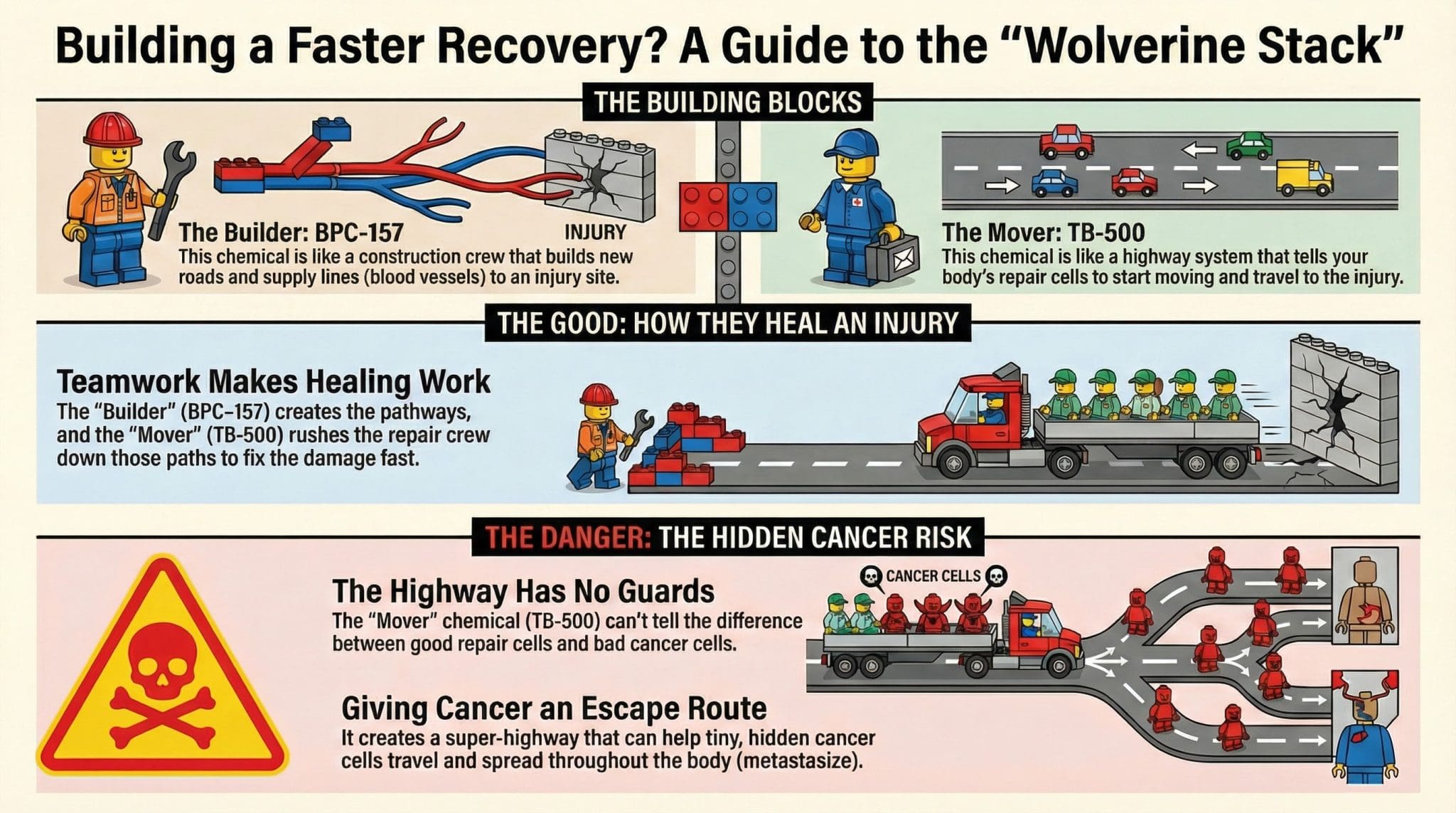 Infographic comparing BPC-157 (The Builder) vs TB-500 (The Mover). Top panel shows BPC-157 as a Lego construction crew repairing injury and TB-500 as a highway system. Bottom panel illustrates the cancer risk: TB-500 creates an "escape route" for dormant cancer cells, facilitating metastasis.