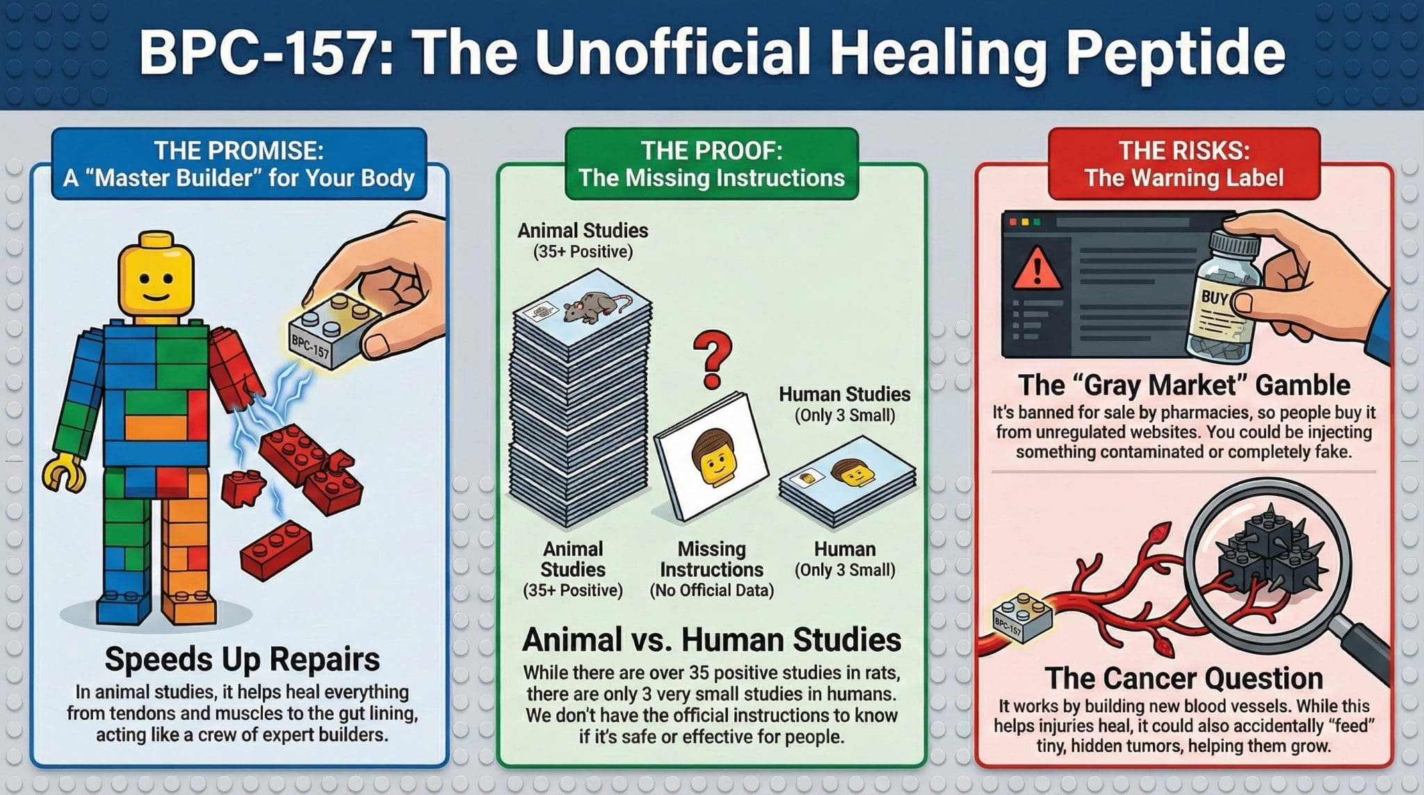Infographic comparing BPC-157 benefits vs risks. Left panel: Lego figure showing healing promise for tendons and gut. Center panel: Stack of 35+ animal studies vs only 3 small human trials. Right panel: Cancer angiogenesis risk and gray market contamination warning.