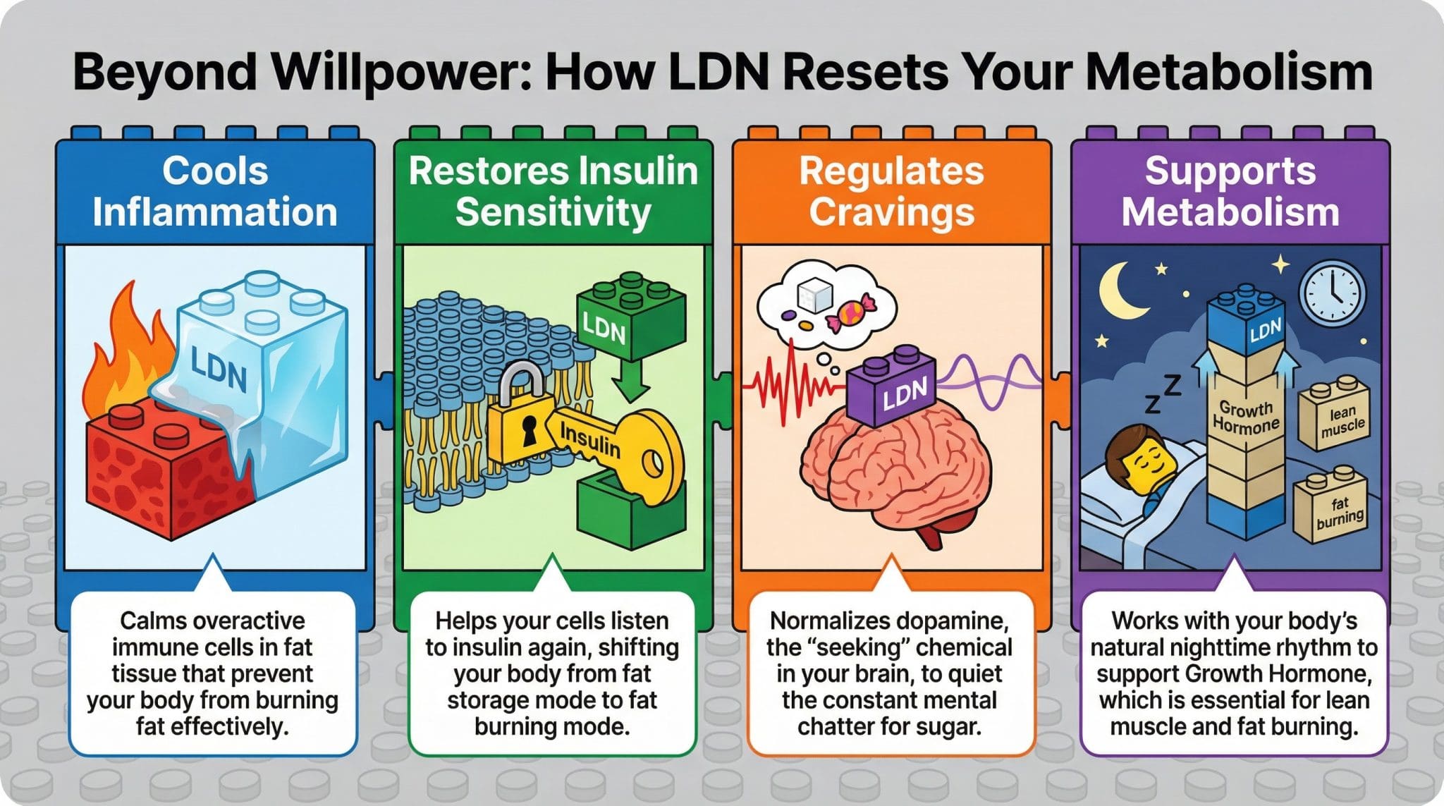 Infographic showing four LEGO-style building blocks illustrating how Low-Dose Naltrexone (LDN) resets metabolism through cooling inflammation, restoring insulin sensitivity, regulating cravings, and supporting metabolic processes for weight loss