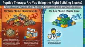 Peptide Therapy Safety Guide - Research Grade vs Medical Grade Comparison Infographic comparing Research-Grade vs. Medical-Grade peptide therapy using a building block analogy. The left side ("Wrong Blocks") shows crumbling, dirty blocks labeled "Risk," "Biohazard," and "Unregulated," representing fast-food style clinics. The right side ("Right Blocks") shows organized, stable blocks labeled "FDA-regulated" and "Safe," with a doctor figure, representing physician-led care.